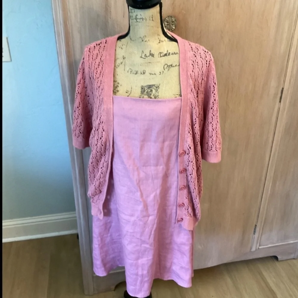 Reformation Linen 2pc Set  Aubree Dress @ Cardi Mini matching crochet cardigan L
